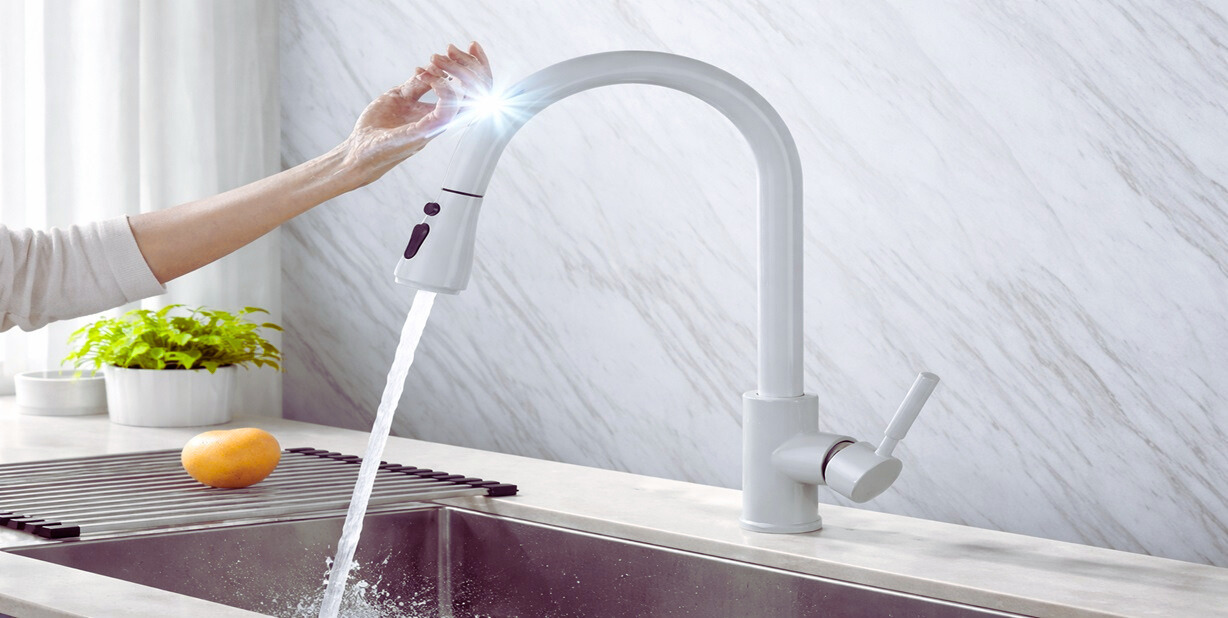FontanaShowers touch free kitchen faucet model FS1432W installed at a modern kitchen sink